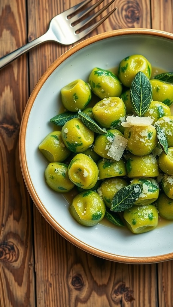 A delicious serving of spinach gnocchi in brown butter sauce with Parmesan and sage.